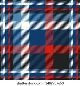 Plaid Pattern In Blue, Red, Black And White. All Over Fabric Texture Print.