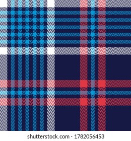 Plaid pattern in blue, red, white. Tartan herringbone textured seamless check plaid for duvet cover, blanket, flannel shirt, or other winter textiles.