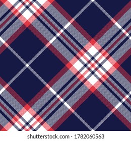 Plaid pattern in blue, red, white. Herringbone seamless textured tartan check plaid for skirt, blanket, throw, duvet cover, or other modern autumn winter classic fashion textile print.
