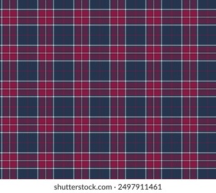 Plaid-Muster, blau, rot, weiß, nahtlos für Textilien und Design von Kleidung, Röcken, Hosen, Schürzen, Tischdecken, Decken oder dekorativen Stoffen. Vektorgrafik.