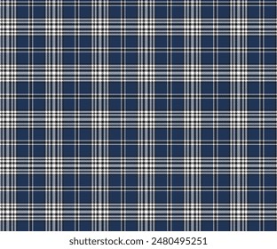 Plaid pattern, blue, white, black, seamless for textiles, and for designing clothing, skirts, pants or decorative fabric. Vector illustration.