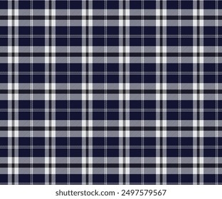 Plaid pattern, blue, white, black, seamless for textiles and design clothing, skirts, pants, aprons, tablecloths, blankets or decorative fabrics. Vector illustration.