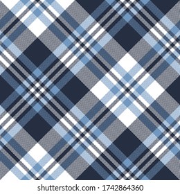 Plaid Pattern In Blue And White. Seamless Diagonal Vector Texture. Herringbone Tartan Check Plaid Background For Flannel Shirt, Blanket, Throw, Duvet Cover, Or Other Textile Print.