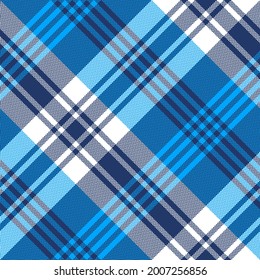 Plaid pattern in blue and white. Seamless herringbone textured bright tartan check plaid for flannel shirt, blanket, duvet cover, other modern spring autumn winter fashion fabric design.