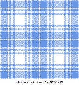Plaid pattern in blue and white for tablecloth design. Seamless bright simple classic tartan check vector for oilcloth, picnic blanket, other modern spring summer fashion or home textile print.