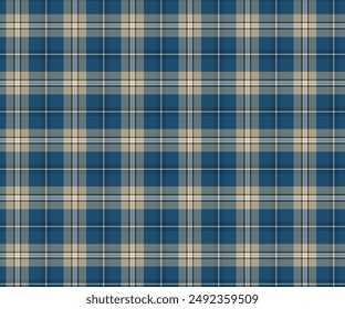 Plaid pattern, blue, yellow, white, black, seamless pattern for textiles and design of clothing, skirts, pants, aprons, tablecloths, blankets or decorative fabrics. Vector illustration.