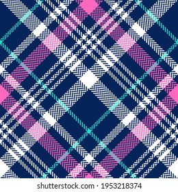 Plaid pattern bright in navy blue, pink, green, white. Seamless dark tartan check graphic for womenswear flannel shirt, skirt, scarf, other modern spring autumn winter everyday fashion fabric print.