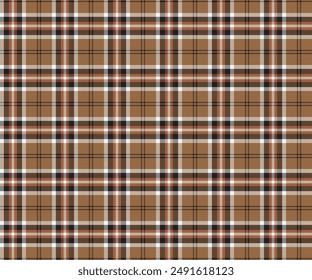 Patrón de cuadros, marrón, naranja, negro, blanco, sin costuras para textiles, y para el diseño de ropa, faldas, pantalones o tela decorativa. Ilustración vectorial.