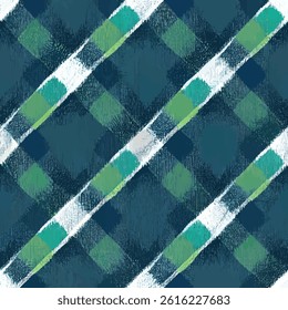Plaid pattern, brushstrokes, dark blue and green colors. grunge lines ikat pattern, striped seamless pattern, Vector illustration background for print the paper.