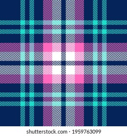 Plaid pattern check in blue, pink, turquoise green, white. Seamless herringbone simple tartan multicolored vector for spring summer autumn scarf, flannel shirt, other modern fashion textile design.