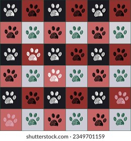 Plaid pattern Christmas design with paw prints seamless fabric design pattern