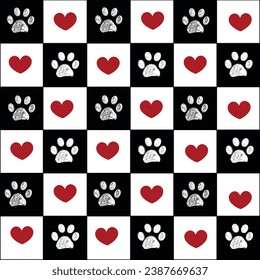 Plaid pattern christmas design with paw prints and hearts seamless fabric design pattern