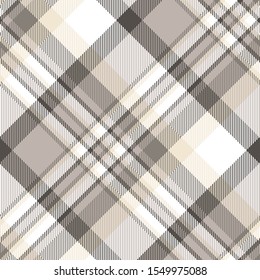 Plaid pattern in coffee taupe, white and pastel cream. All over fabric texture repeat.