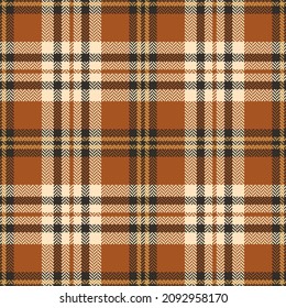 Plaid pattern in cognac brown, beige, gold for autumn winter. Seamless herringbone textured tartan check illustration for flannel shirt, throw, other modern fashion fabric design.