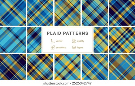 A plaid pattern collection featuring geometric checks and stripes, ideal for trendy clothing, textile designs, or stylish wallpaper.