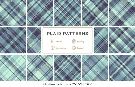 A plaid pattern collection featuring geometric checks and stripes, ideal for trendy clothing, textile designs, or stylish wallpaper.