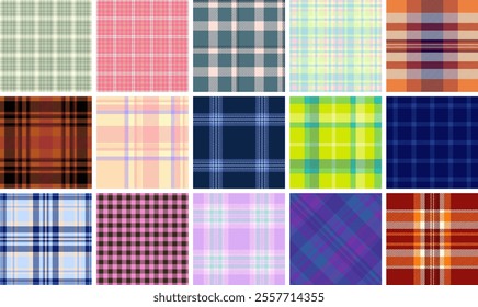 A plaid pattern collection featuring geometric checks and stripes, ideal for trendy clothing, textile designs, or stylish wallpaper.