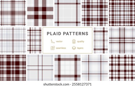 A plaid pattern collection featuring geometric checks and stripes, ideal for trendy clothing, textile designs, or stylish wallpaper.
