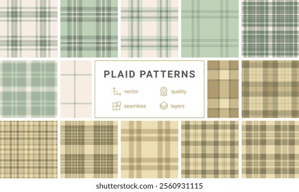 A plaid pattern collection featuring geometric checks and stripes, ideal for trendy clothing, textile designs, or stylish wallpaper.