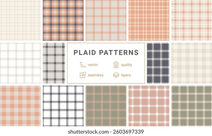 A plaid pattern collection featuring geometric checks and stripes, ideal for trendy clothing, textile designs, or stylish wallpaper.