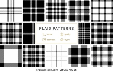 A plaid pattern collection featuring geometric checks and stripes, ideal for trendy clothing, textile designs, or stylish wallpaper.