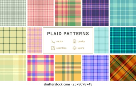 A plaid pattern collection inspired by English textiles, ideal for fabric design, shirts, or old-fashioned yet trendy clothing prints.