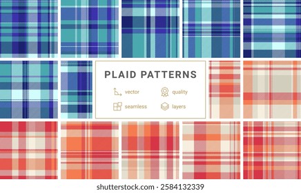 A plaid pattern collection inspired by English textiles, ideal for fabric design, shirts, or old-fashioned yet trendy clothing prints.