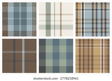 Plaid Pattern Collection. Seamless tiles in Scandinavian style. Geometric tartan and check designs in natural color palettes for fabrics, wallpapers, branding, and home decor. Swatches included.