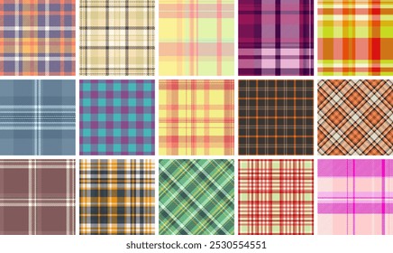 Plaid pattern collection with traditional Scottish checks, ideal for textiles, clothes, and classic shirt fabrics in rustic tones.