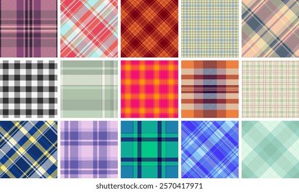 Plaid pattern collection with traditional Scottish checks, ideal for textiles, clothes, and classic shirt fabrics in rustic tones.