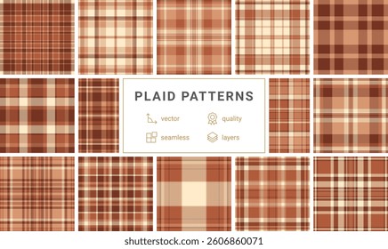 Plaid pattern collection with traditional Scottish checks, ideal for textiles, clothes, and classic shirt fabrics in rustic tones.