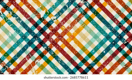 Plaid pattern with colorful grunge texture, distressed checkered design for retro fabric style, vintage background, and creative decoration.