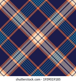 Plaid pattern colorful texture in navy blue, orange, beige. Multicolored bright seamless tartan check vector graphic for flannel shirt, throw, other spring summer autumn fashion fabric design.