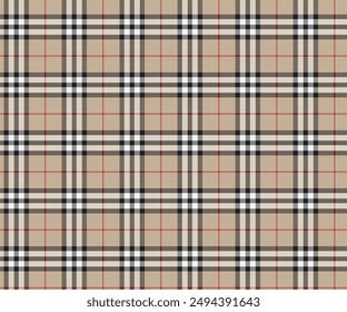 Plaid pattern, cream color, black, white, red, seamless pattern for textiles and designing clothing, skirts, pants, aprons, tablecloths, blankets or decorative fabrics. Vector illustration.