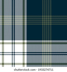 Plaid Pattern Dark In Navy Blue, Khaki Olive Green, White. Herringbone Textured Seamless Large Tartan Check Vector For Flannel Shirt, Blanket, Other Modern Spring Autumn Winter Fashion Fabric Design.