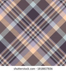 Plaid pattern in dark purple, taupe brown, pale lavender, blue and orange. 