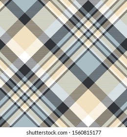 Plaid pattern design in cream, dusty blue, grey and white. All over twill fabric repeat.