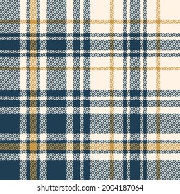 Plaid pattern for flannel shirt in blue, gold, off white. Seamless large asymmetric tartan check plaid vector for shirt, blanket, duvet cover, other modern spring summer autumn winter fashion print.