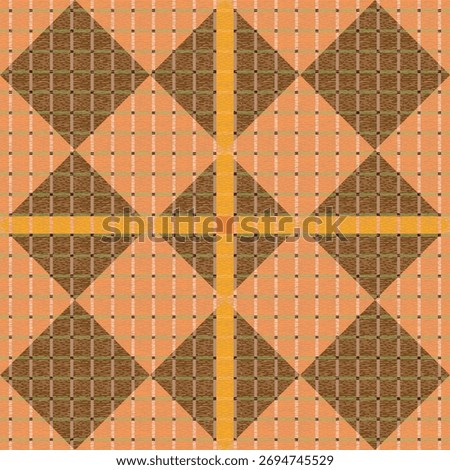 Plaid pattern, Geometric Thai fabric pattern in orange, brown, and yellow tones, featuring diamond and small grid motifs. Warm and contemporary style, ideal for textile design or creative backgrounds.
