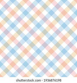 Plaid pattern gingham check vector in pastel blue, pink, yellow, white. Seamless multicolored Easter holiday vichy tartan graphic for tablecloth, picnic blanket, oilcloth, other spring summer design.