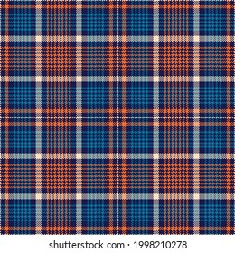 Plaid pattern glen in blue, orange, beige. Seamless pixel textured tartan check plaid vector for flannel shirt, blanket, duvet cover, other modern spring summer autumn winter fashion textile print.