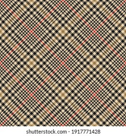 Plaid pattern glen in gold, black, red. Seamless tweed tartan check plaid background pixel art graphic for skirt, tablecloth, throw, jacket, other modern everyday casual fashion textile print.