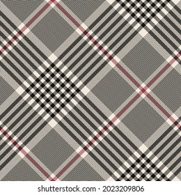 Plaid pattern glen for spring autumn winter in black, red pink, off white. Seamless herringbone textured tartan check vector for skirt, blanket, duvet cover, other modern fashion fabric design.