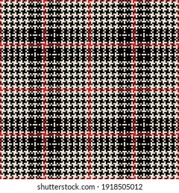 Plaid pattern glen tweed in black, red, white. Seamless decorative tartan check plaid graphic pixel art background for skirt, throw, blanket, other modern spring autumn casual fashion textile print.