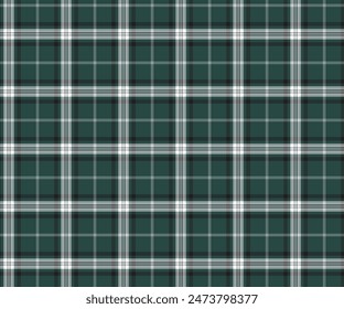 Plaid pattern, green, black, white, seamless for textiles, and for designing clothing, skirts, pants or decorative fabric. Vector illustration.