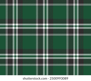 Plaid pattern, green, black, white, seamless for textiles and design clothing, skirts, pants, aprons, tablecloths, blankets or decorative fabrics. Vector illustration.