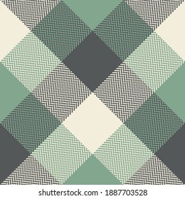 Plaid pattern in green, grey, beige. Herringbone classic Scottish tartan checked graphic for flannel shirt, jacket, blanket, duvet cover, or other modern spring, autumn, winter textile print.