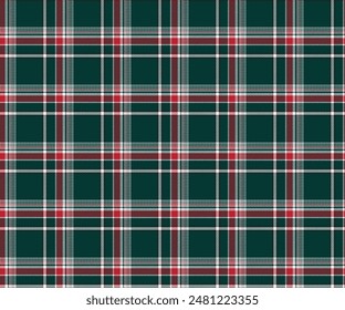Plaid pattern, green, white, red, black, seamless for textiles, and for designing clothing, skirts, pants or decorative fabric. Vector illustration.