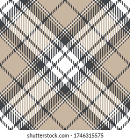 Plaid pattern in grey, beige, white. Seamless diagonal tartan check plaid for flannel shirt, skirt, wrapping, packaging, or other modern summer textile print. Geometric design.