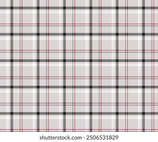 Plaid pattern, grey, black, white, red, seamless for textiles and design clothing, skirts, pants, aprons, tablecloths, blankets or decorative fabrics. Vector illustration.